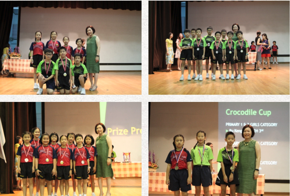 Four photos of children wearing medals posing with an adult at a Crocodile Cup prize presentation ceremony on stage.